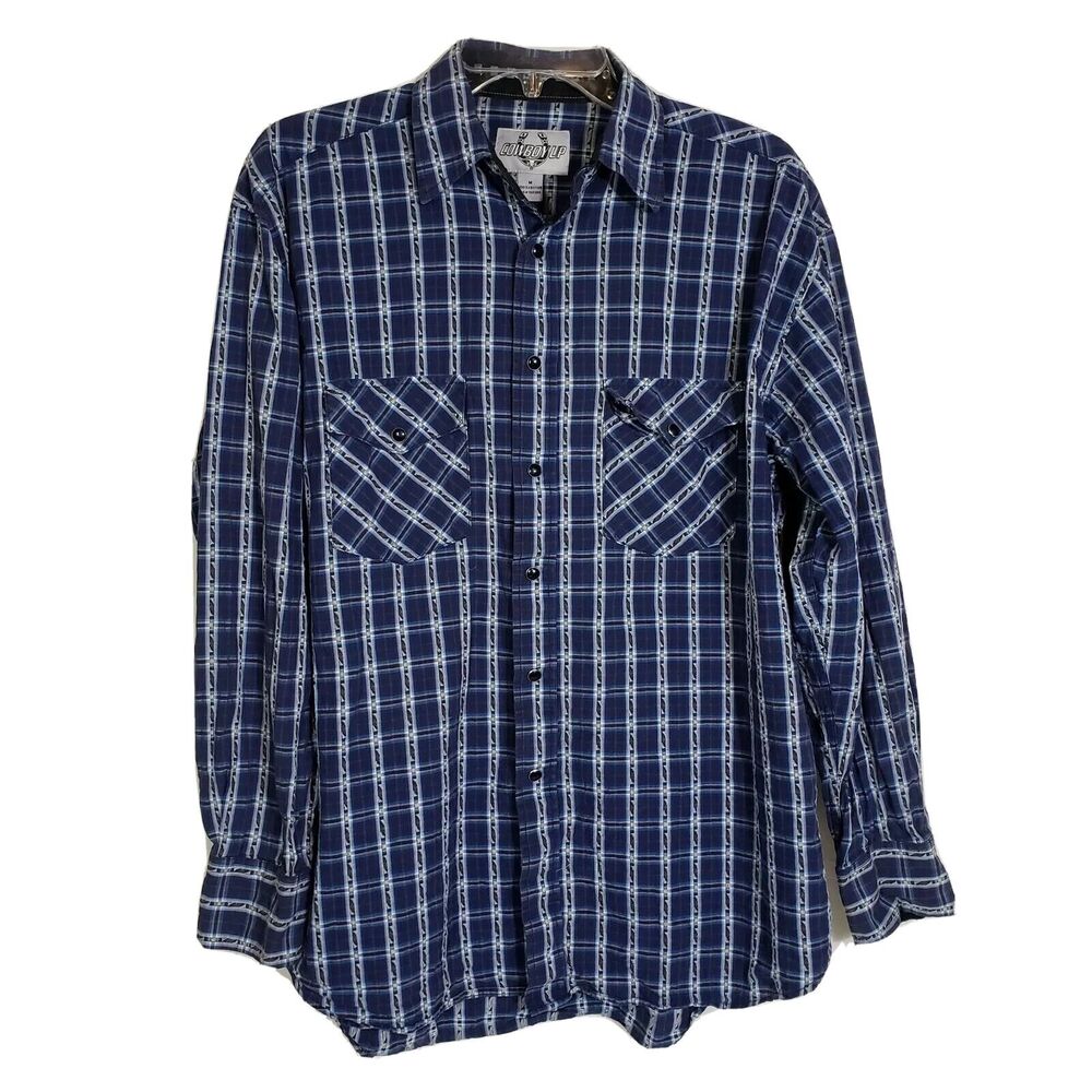 Cowboy Up Men Shirt Medium Pearl Snap Blue Plaid Long Sleeve Blue Western Pocket